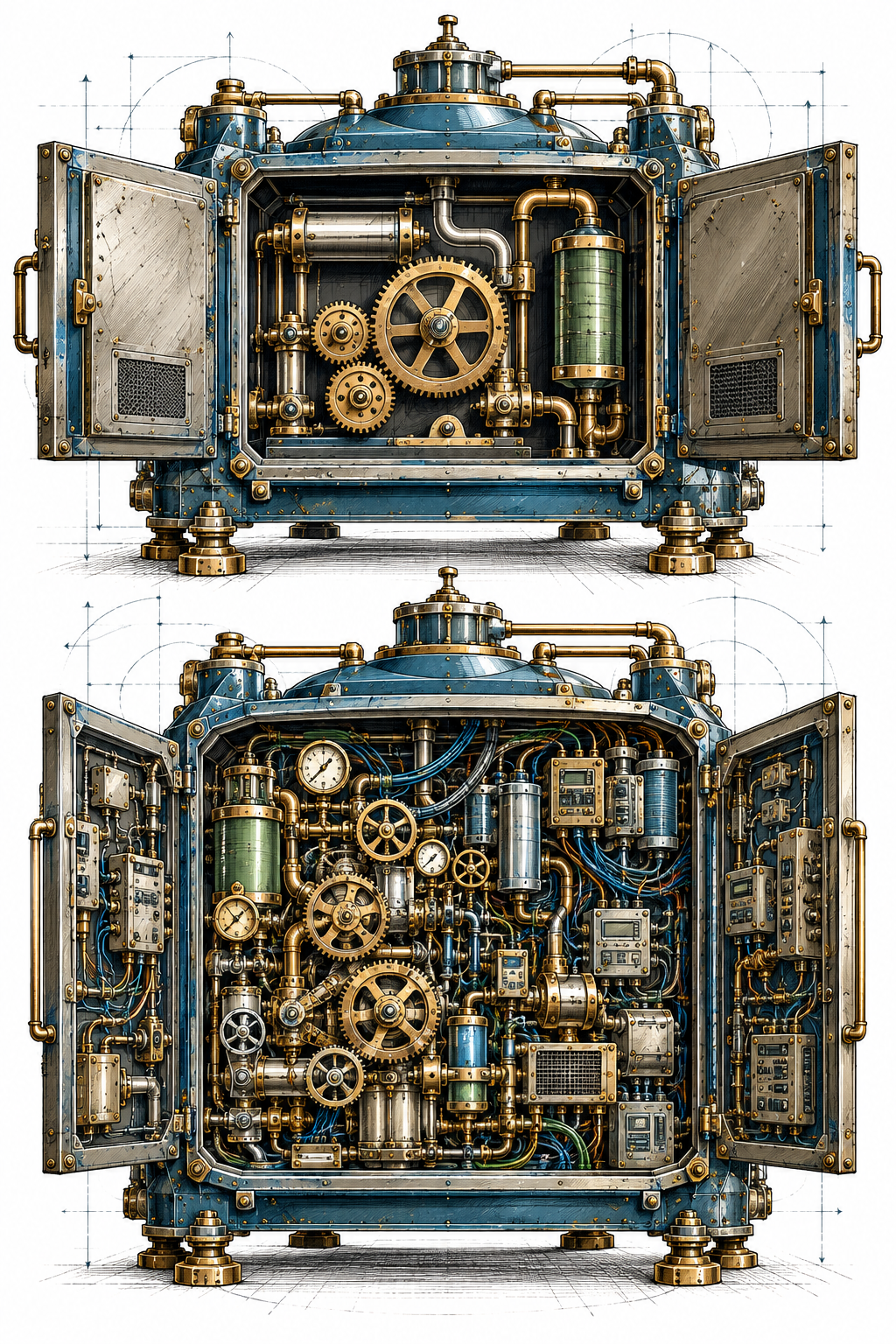 Two machines, same size — wildly different internals. Two identical-looking industrial machines side by side. One has a simple mechanism with a handful of gears and pipes; the other is opened up to reveal hundreds of gears, valves, cables, integrations, and subsystems.