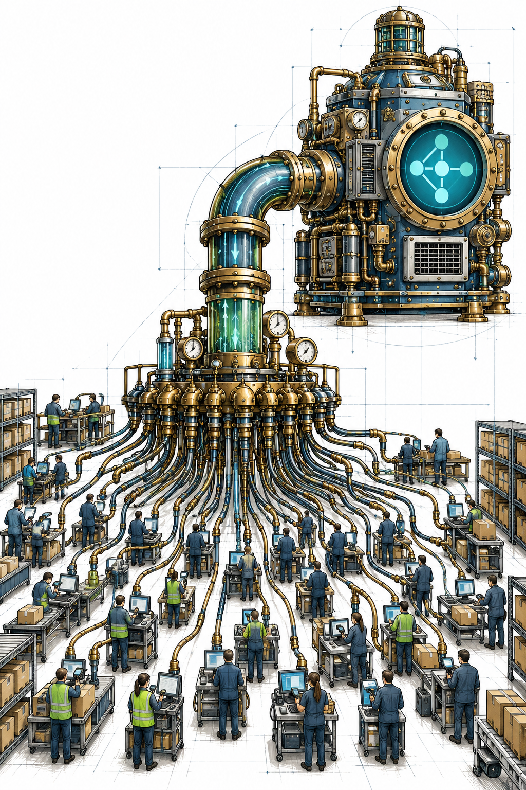 One pipe hiding 30 smaller pipes — a large steampunk machine on the right represents Business Central. Only one big API pipe appears to enter it, but trace that pipe backward and it splits into dozens of smaller pipes connected to individual terminals/workstations.