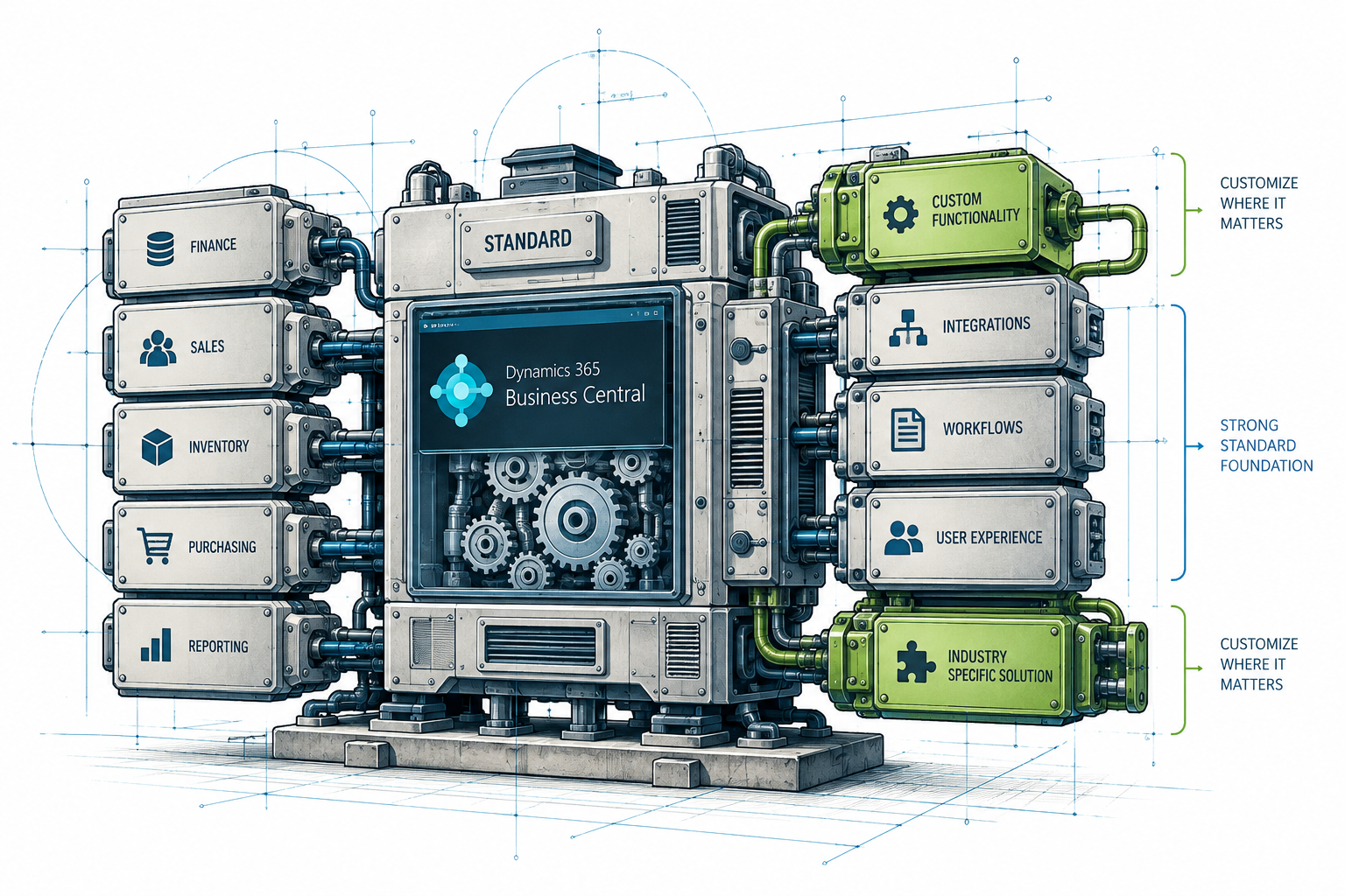 Precision modular machine — a clean central Business Central-like machine built from standardized modules, with only one or two custom green/blue modules added where needed.
