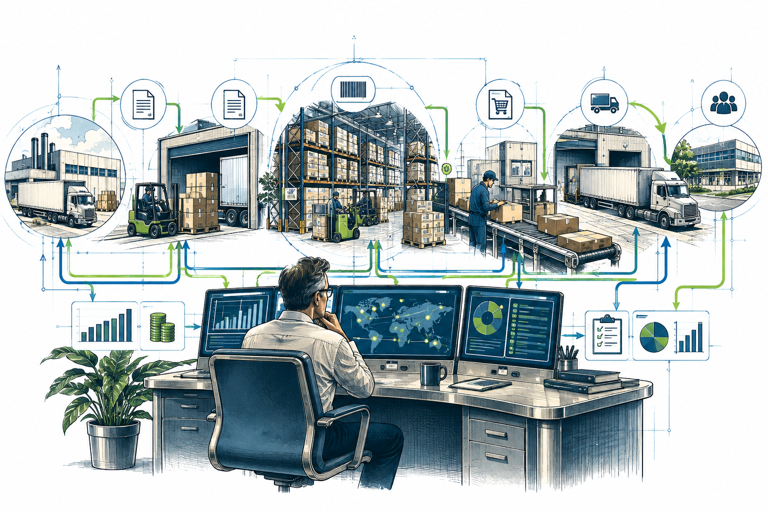 A retro-futurist distribution command center / warehouse flow map — showing goods moving from supplier → receiving → inventory → sales order → shipping → customer, all connected as one coordinated system.