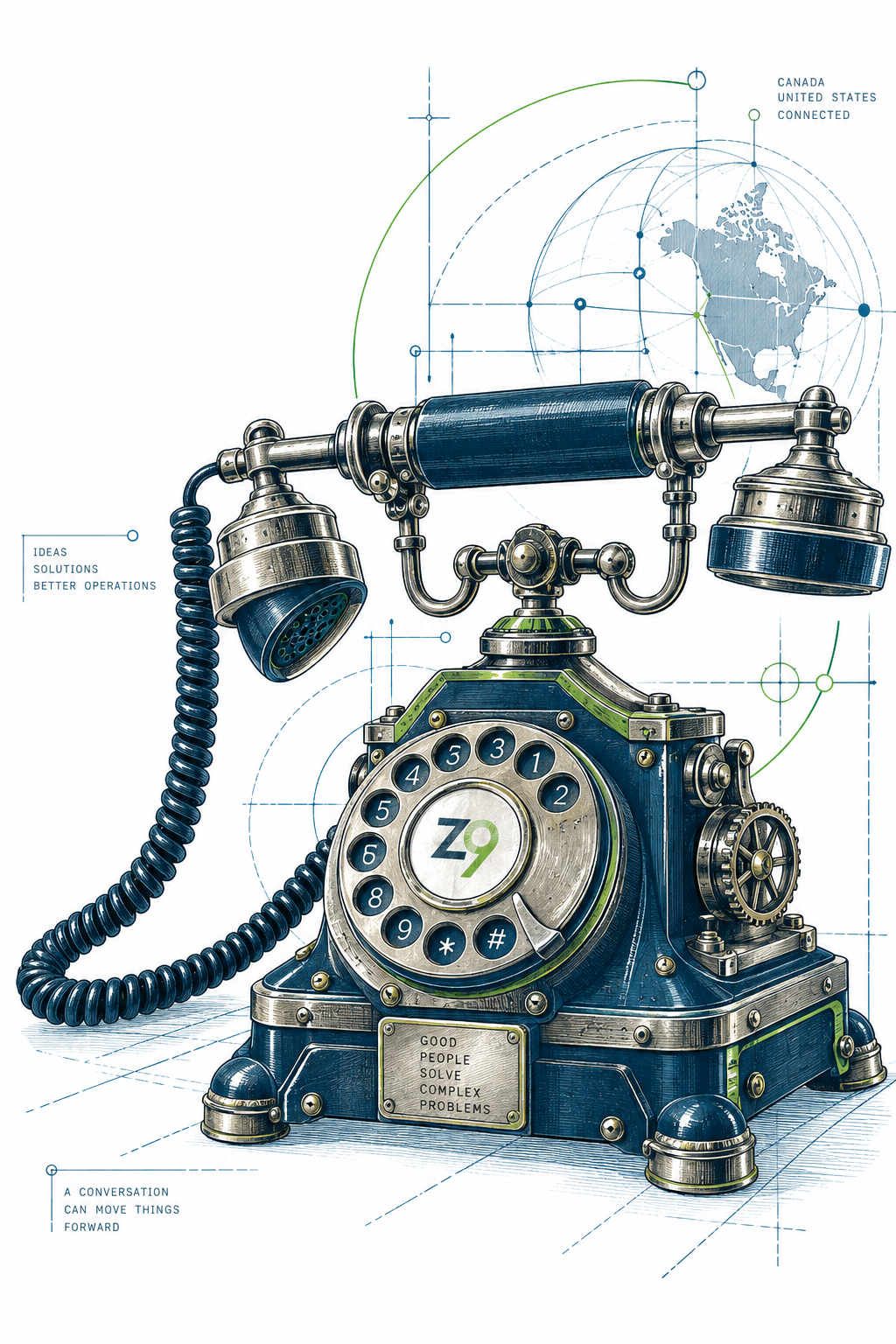 A vintage desk telephone rendered like a technical engineering drawing, surrounded by subtle blueprint marks and connection lines.