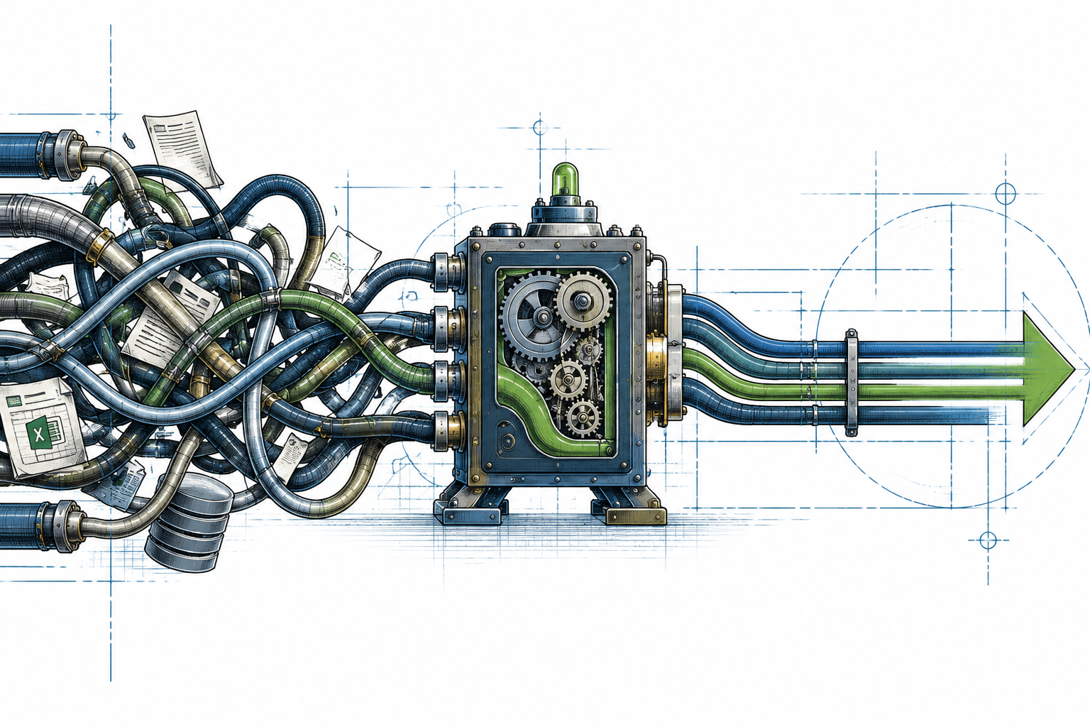 Tangled pipes becoming one clean line — several messy tubes/cables enter from one side, cross and loop, then emerge as one clean organized path.
