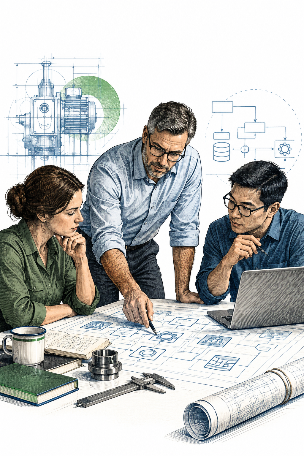 A team of experienced professionals reviews a detailed business process and system architecture together, combining operational knowledge, technical expertise and practical problem-solving to design the right solution.
