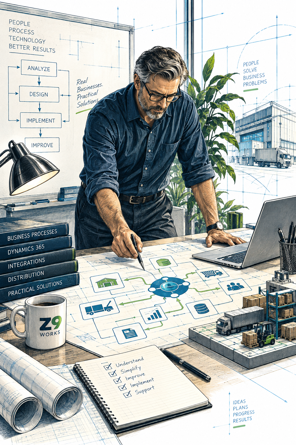 Senior consultant at the workbench — one experienced consultant standing over a desk with process diagrams, laptop, notes, and a small technical model of connected business systems.