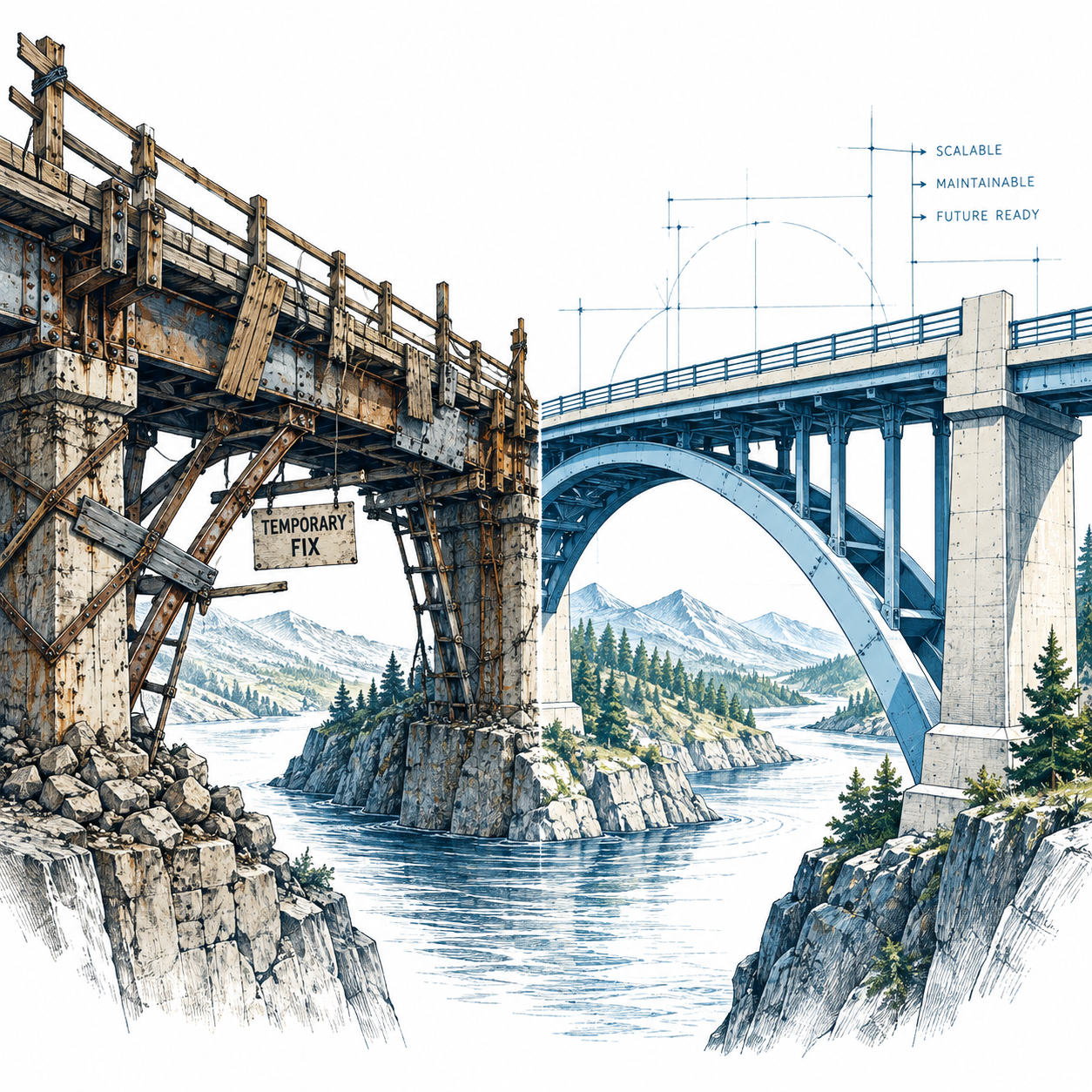 Old bridge vs engineered bridge — one side shows a patched-together structure with temporary fixes, while the other shows a clean engineered structure built to last.