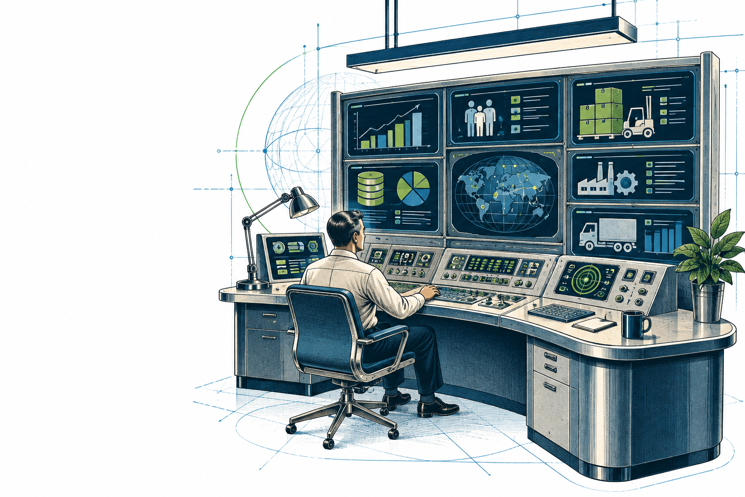 Retro control room — a 1960s-style operations console with several business gauges and screens, suggesting one place to run the company. Microsoft Dynamics 365 Business Central
