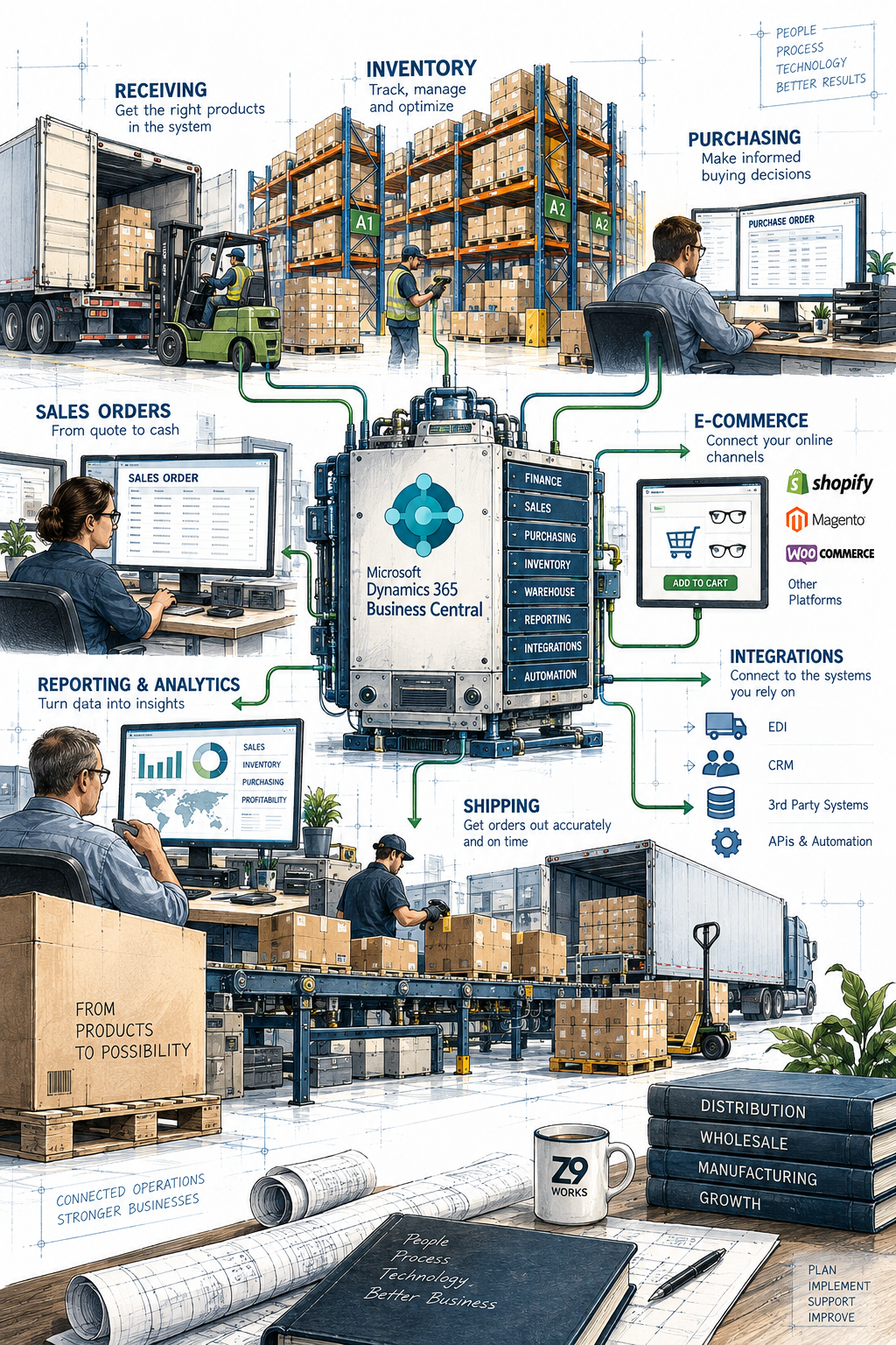 Distribution ecosystem — portrait image showing a warehouse/distribution operation with receiving, inventory, order processing, shipping, e-commerce, reporting and Business Central all connected.