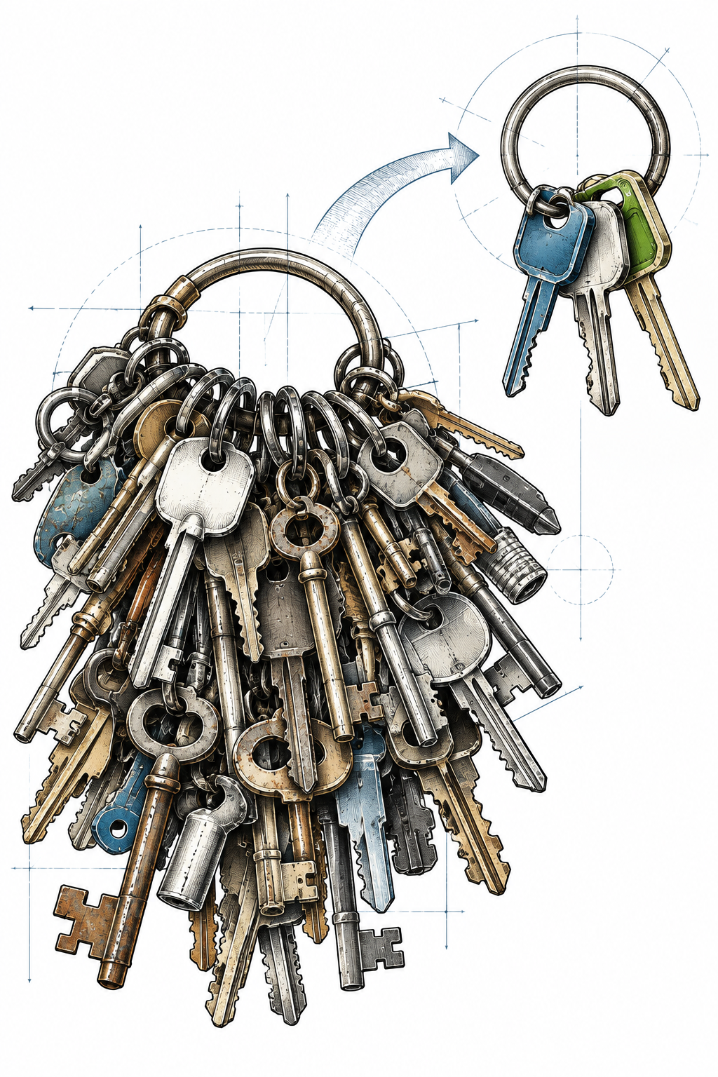 Business Central Licensing. Overloaded key ring becoming a few essential keys — large vintage key ring with dozens of labeled keys hanging heavily at the bottom, narrowing into just a few clean modern keys at the top. Very simple, strong metaphor for legacy licenses.