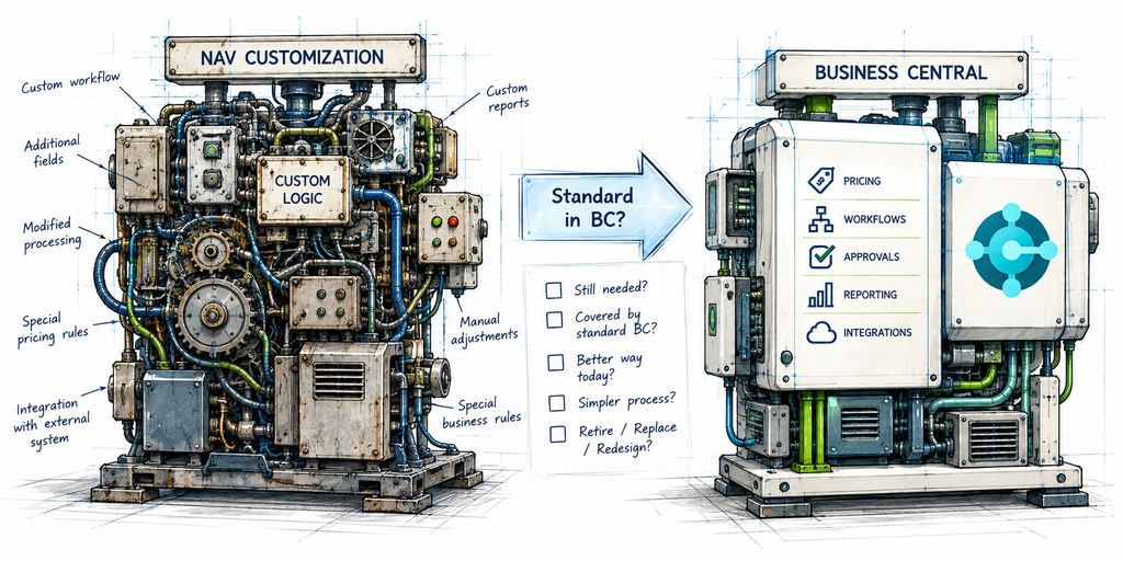 One idea is a side-by-side technical comparison board. On the left, an older NAV customization is shown as a complicated custom-built mechanical module with extra gears, wiring and handwritten notes. On the right, a cleaner Business Central module performs the same function with far fewer components. In the middle, a technical decision arrow asks something like “Still needed?” or “Standard in BC?”