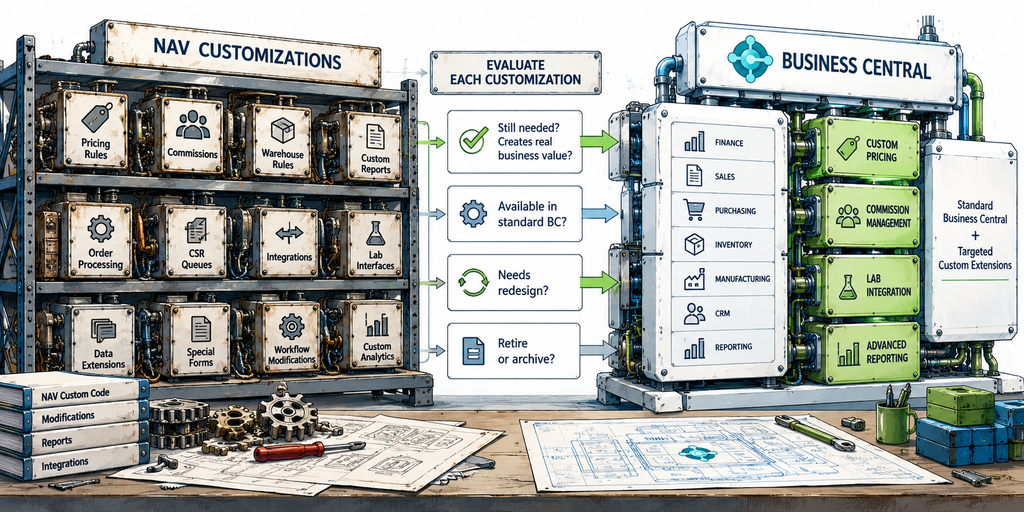 Another good concept is a precision parts selection board. A row of old custom components sits on the left, each representing things like pricing, commissions, warehouse rules, reports, or integrations. In the center, only the business-critical pieces are highlighted. On the right, those selected components are rebuilt as clean modern modules that fit into Business Central. Very clear and probably ideal for landscape.