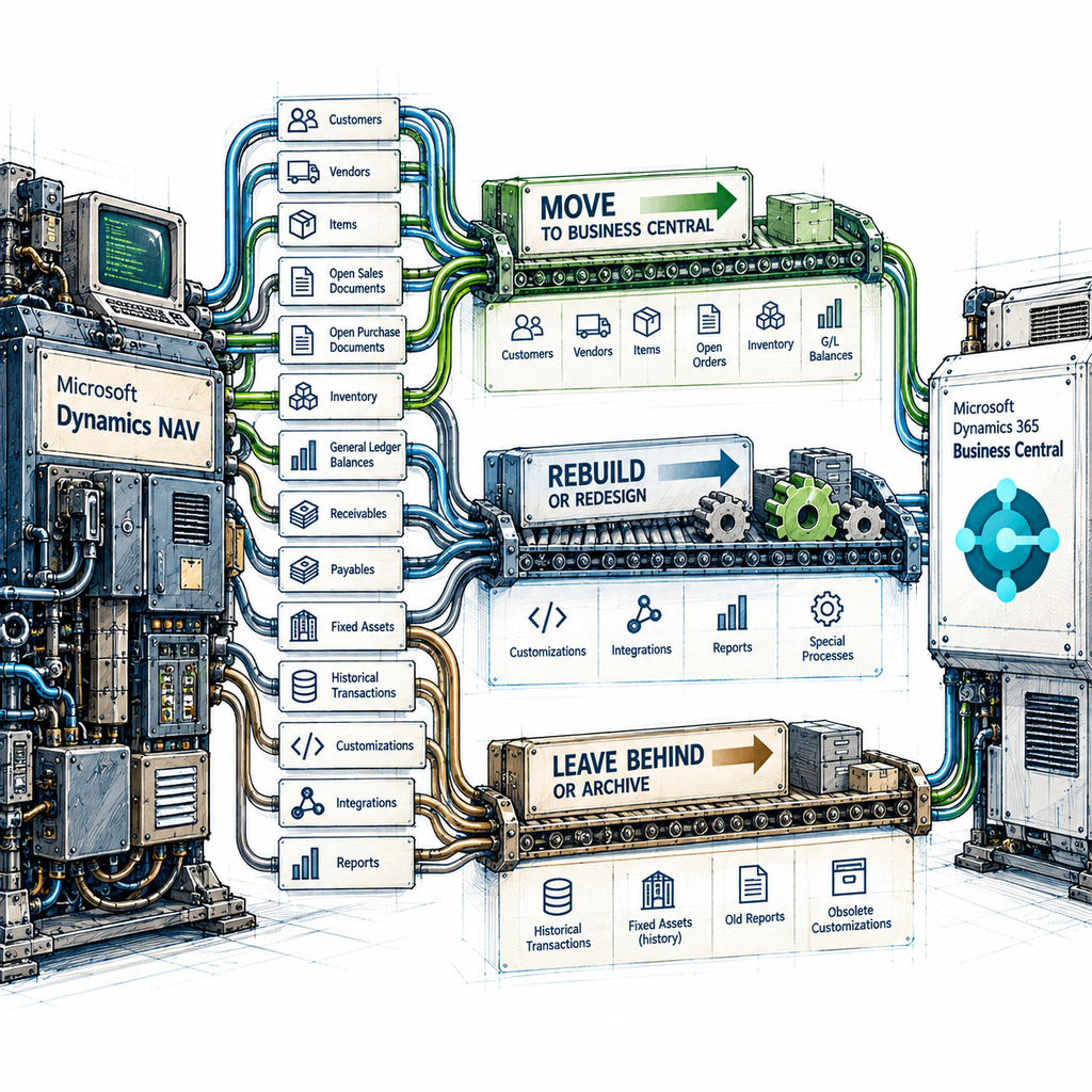 three-lane migration map. In the center, the old NAV system feeds into three clearly separated paths: Move, Rebuild, and Leave Behind / Archive. Different elements such as customers, inventory, reports, history, and integrations are routed into the appropriate lane.