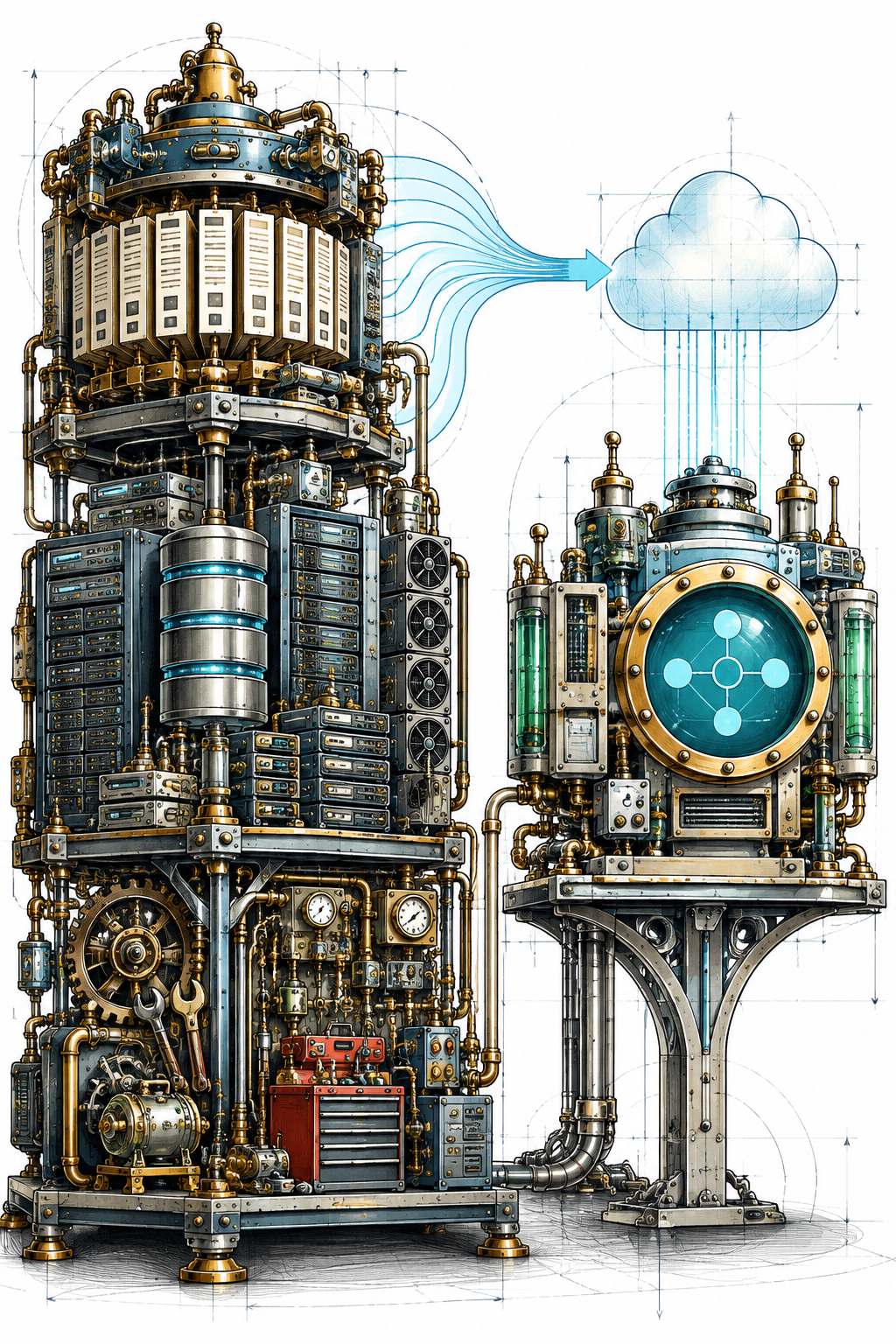 Three-layer NAV machine vs one consolidated BC machine — the NAV side is a tall steampunk tower with three distinct mechanical layers: licensing at the top, infrastructure in the middle, maintenance machinery below. Beside/above it is a much simpler modern machine.