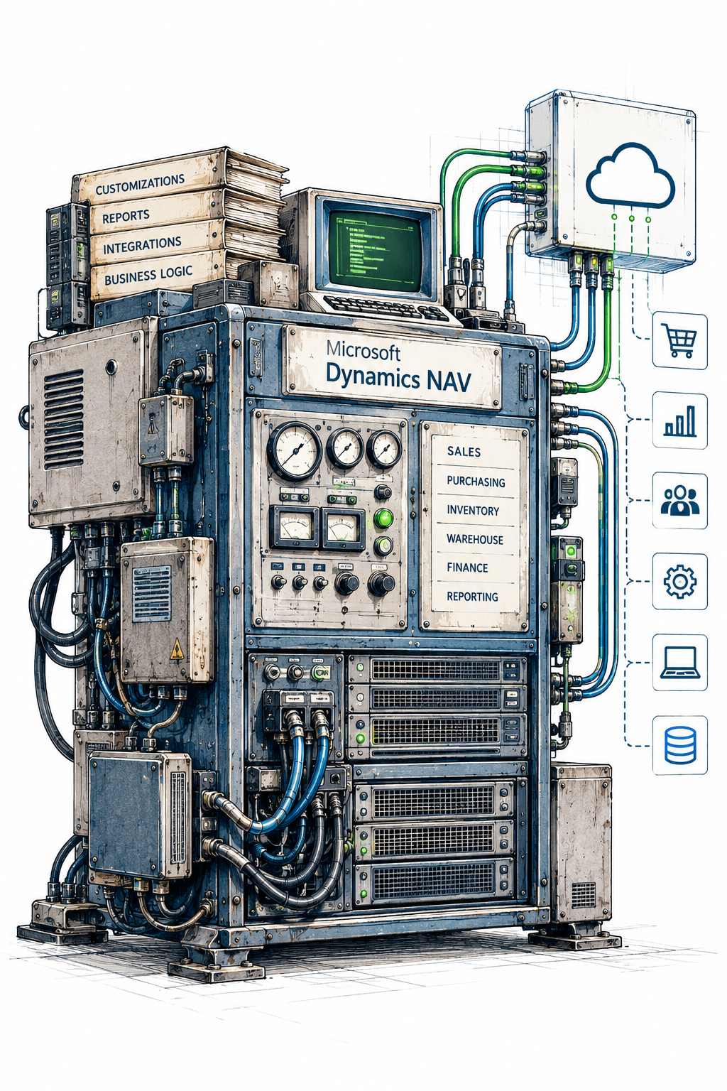 Old Dynamics NAV/ Navision machine still running well
- A well-maintained vintage industrial machine or control cabinet
- A few worn labels, older wiring, gauges still functioning
- One newer cloud/network connector nearby