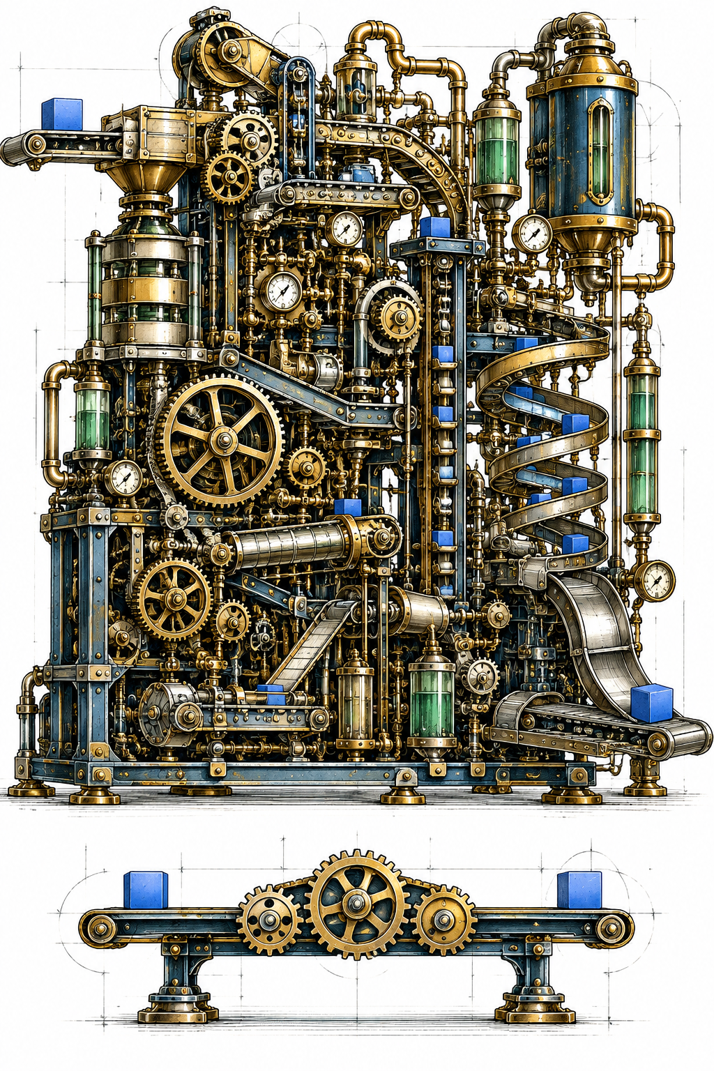 At the top is a very simple requirement—represented by perhaps one small blue block that needs to travel from the left side of a machine to the right.
But somebody has constructed an absurdly elaborate steampunk mechanism to move it: hundreds of gears, unnecessary pipes, oversized pressure tanks, multiple gauges, valves, pulleys, electrical boxes and huge brass mechanisms.
Then somewhere alongside it is an obvious simple mechanical path that could have accomplished exactly the same thing with three gears.