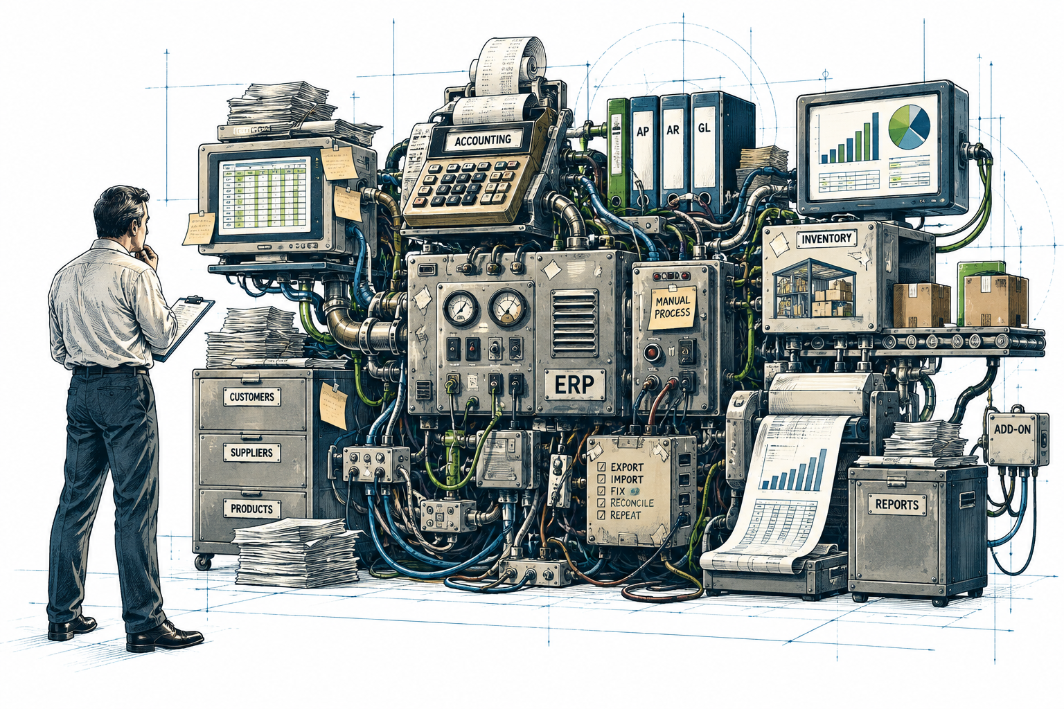 Patchwork business machine — several mismatched modules bolted together over the years: old calculator, filing drawer, spreadsheet terminal, warehouse indicator, accounting gauge, etc. Lots of little adapters and workaround pipes between them.