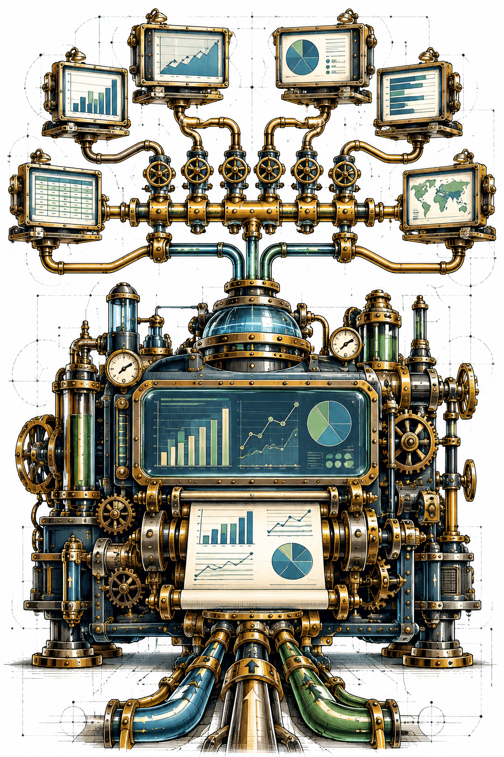 Report distribution machine — one elaborate steampunk analytics machine creates a single chart/report, which then travels through pipes or mechanical branches toward several smaller viewing terminals. A licensing gate/mechanical toll gate sits between the report and the viewers.
