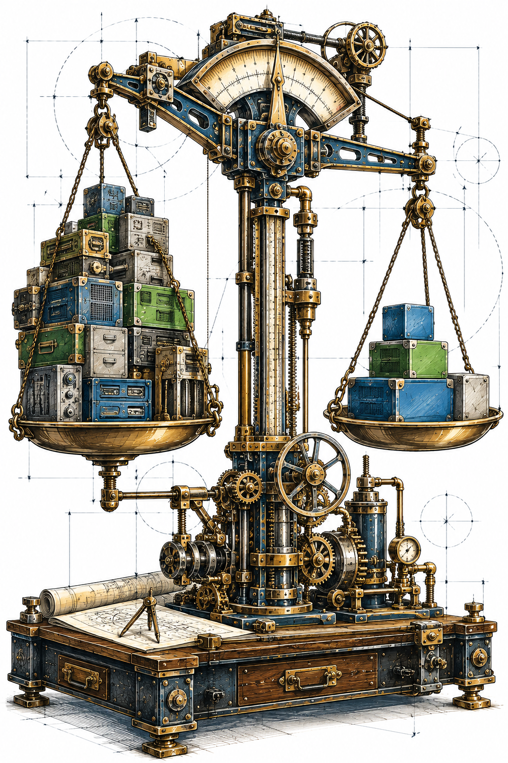 Business Central Pricing. Precision scale with license blocks — a vintage engineering balance scale holding a few clean rectangular modules of different sizes, suggesting Essentials, Premium, Team Member, and Device