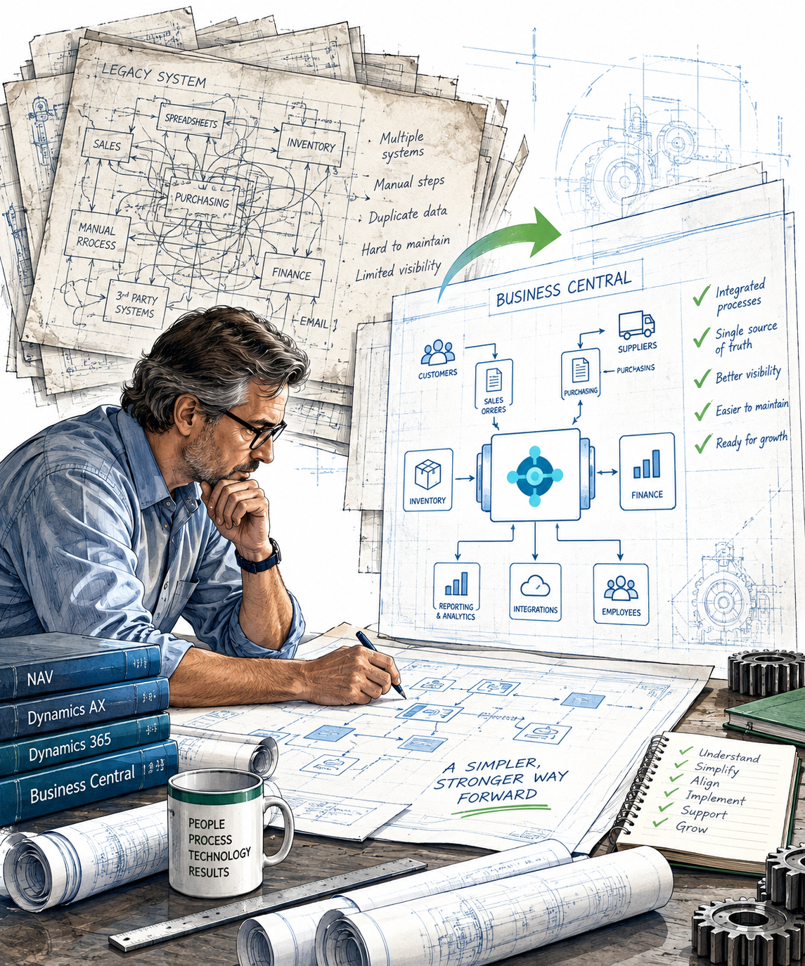 Old blueprint becoming a clean modern flow — layered technical drawings showing a complicated legacy process gradually simplified into one clean, well-organized path.