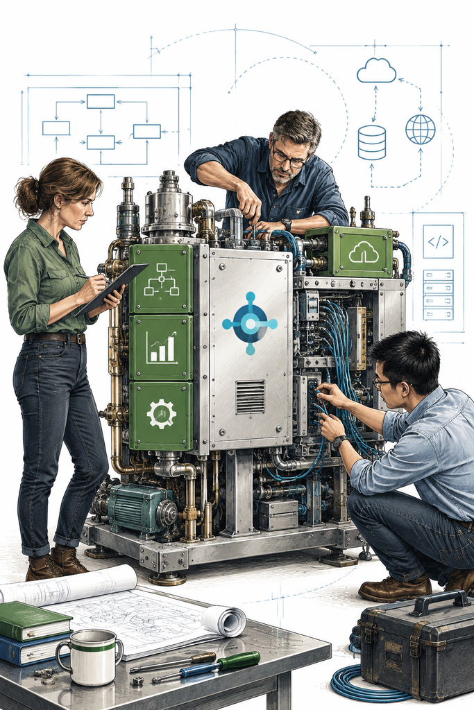 Precision crew around a machine — three people, each handling a different part of one technical system: process, development, integration.