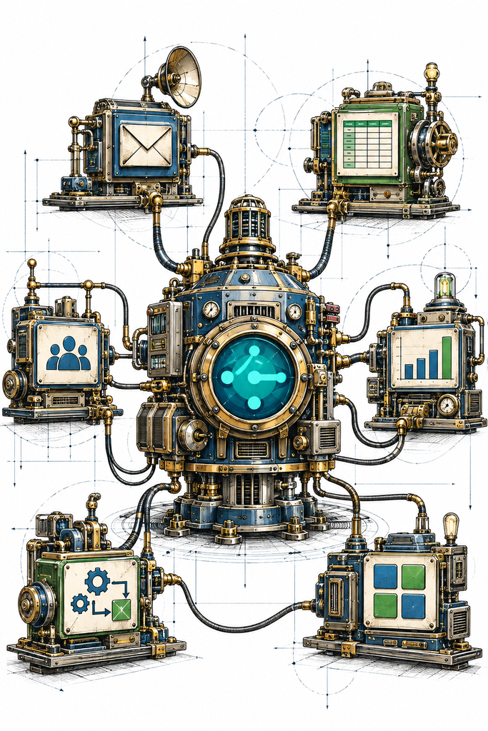 Central machine with accessory modules — one large Business Central-style core machine in the center, surrounded by smaller detachable modules representing email, spreadsheets, dashboards, automation, and apps. Thin cables connect everything, but each module is clearly its own component.