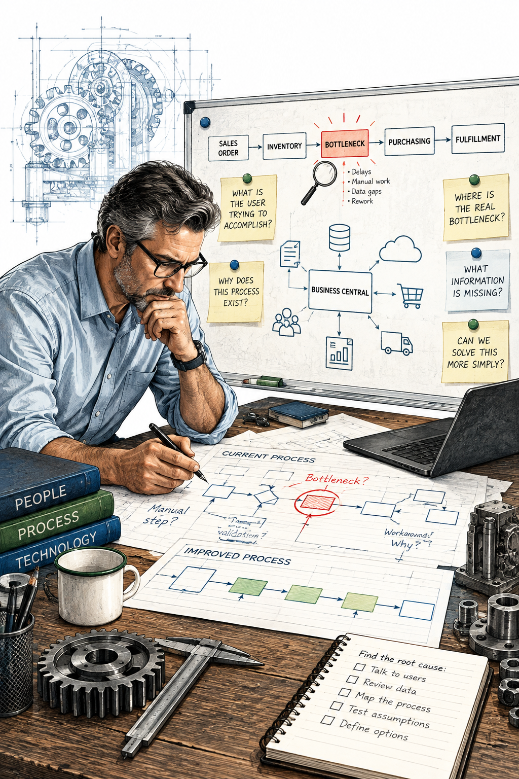 Root-cause investigation board — process map, system diagram, notes and physical machine components on a workbench, with one person tracing the chain from symptom to root cause.
